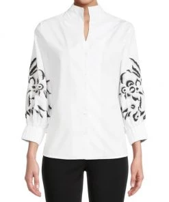 Misook Embroidered Puff-Sleeve Cotton Blouse -Helmut Lang And Misook Sales unnamed file 1209