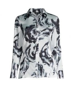 Misook Marble Print Crêpe De Chine Button-Front Shirt