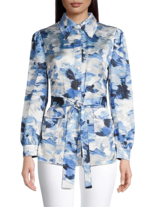 Misook Brushstroke Print Crepe De Chine Belted Shacket 5 Misook Brushstroke Print Crepe De Chine Belted Shacket - Image 3