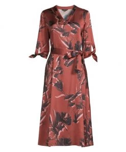 Misook Floral Belted Crepe De Chine Dress