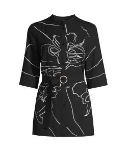 Misook Embroidered Belted Crepe De Chine Blouse