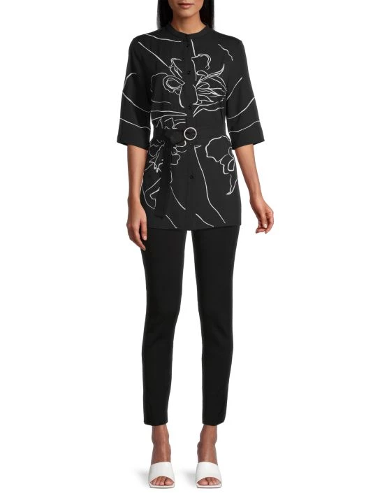 Misook Embroidered Belted Crepe De Chine Blouse 4 Misook Embroidered Belted Crepe De Chine Blouse - Image 2