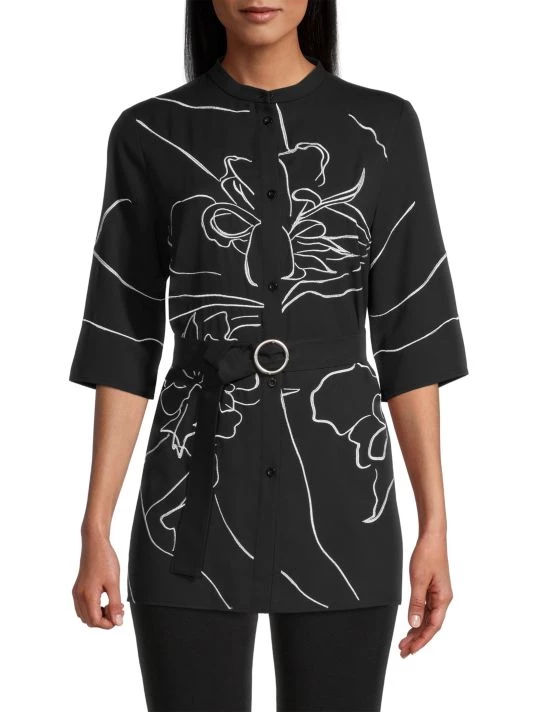 Misook Embroidered Belted Crepe De Chine Blouse 5 Misook Embroidered Belted Crepe De Chine Blouse - Image 3