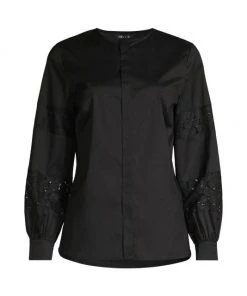 Misook Lace Trim Puff Sleeve Poplin Blouse