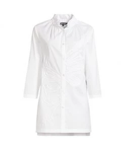 Misook Gathered Collar Long Cotton-Blend Blouse