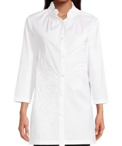 Misook Gathered Collar Long Cotton-Blend Blouse -Helmut Lang And Misook Sales unnamed file 1500