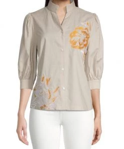 Misook Embroidered Puff-Sleeve Cotton-Blend Blouse -Helmut Lang And Misook Sales unnamed file 1595