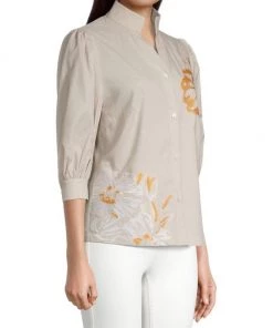 Misook Embroidered Puff-Sleeve Cotton-Blend Blouse -Helmut Lang And Misook Sales unnamed file 1596
